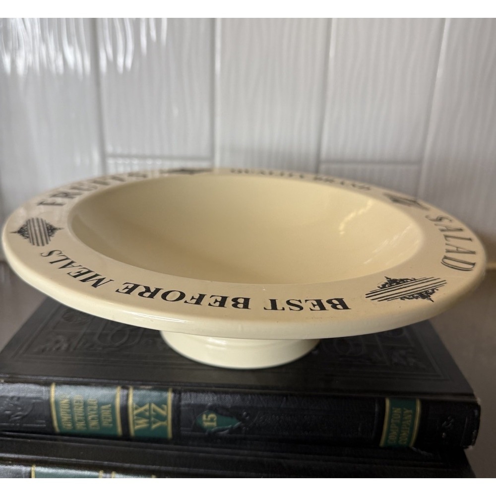 Vintage Style Enamelware Pedestal Fruit Bowl Cream & Black Cottagecore Metal GUC